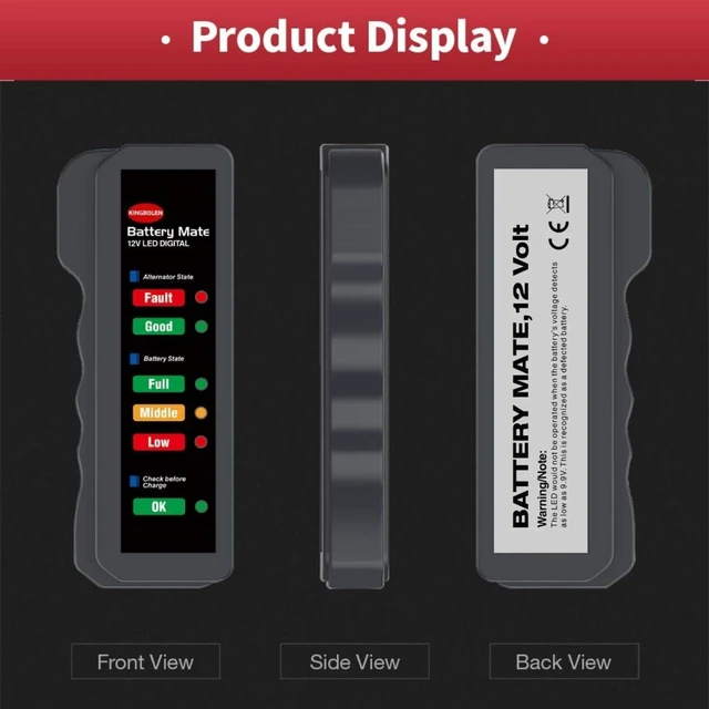 Alt view image 4 of 7 - 12V Car Battery Tester and Alternator Checker LED Digital Battery Analyzer with 6 Color Indicators Copper Clamp Cables for Cars SUVs Light Trucks Motorcycles and 12V Lead-Acid Batteries 25cm Cable