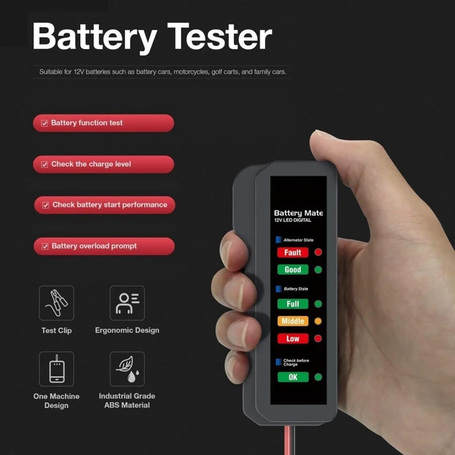 Alt view image 6 of 7 - 12V Car Battery Tester and Alternator Checker LED Digital Battery Analyzer with 6 Color Indicators Copper Clamp Cables for Cars SUVs Light Trucks Motorcycles and 12V Lead-Acid Batteries 25cm Cable