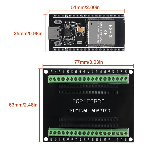 Alt view image 5 of 5 - ESP32 Type C 38Pin Narrow Development Board WiFi + Bluetooth ESP-32 ESP-32S ESP-WROOM-32 Microcontroller GPIO 1 into 2 Breakout Board with Terminal Screw 3 Set