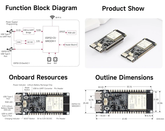 Alt view image 5 of 6 - ESP32-C5 Development Board with ESP32-C5-WROOM-1 Module Dual-Band 5GHz/2.4GHz Wi-Fi 6 BLE 5 Zigbee 3.0 Thread 240MHz RISC-V 32-Bit Processor 16MB Flash 8MB PSRAM Dual USB Type-C