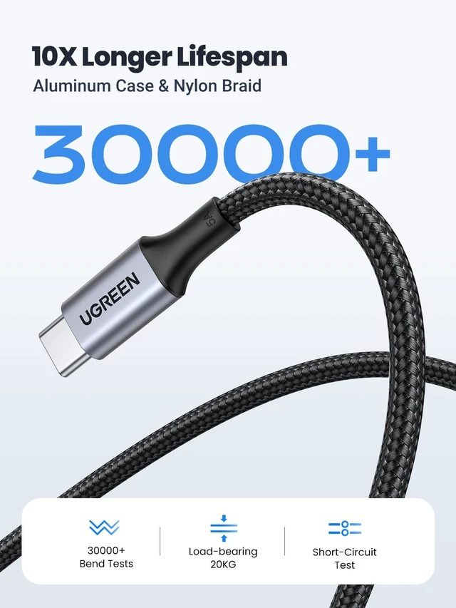 Alt view image 5 of 7 - UGREEN 100W USB-C to USB-C Fast Charging Cable Type-C Data Sync Cord PD3.0 QC3.0 E-Marker Chip 480Mbps Nylon Braided Aluminum Housing For iPhone 17/16/15 and MacBook Pro Black 6.6FT
