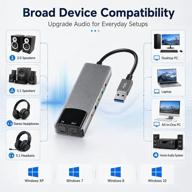 Alt view image 7 of 7 - USB External Sound Card Adapter Optical Audio Interface with Input/Output 5.1/7.1 Channel Support CM6206LX Noise Reduction 48KHz Digital Recording Plug and Play for PC Laptop TV Speakers