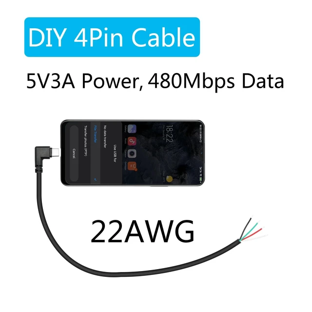 Alt view image 3 of 7 - USB C 4 Pin Bare Wire Pigtail Cable 90 Degree Type C Male Plug Open End Power and Data Lead 22AWG 5V/3A 480 Mbps Tinned Soldering Wire for DIY Repair 11inch 2Pcs