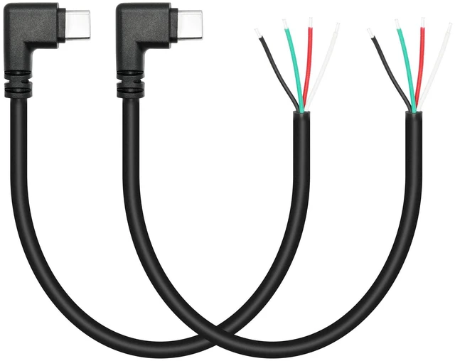 Main image of USB C 4 Pin Bare Wire Pigtail Cable 90 Degree Type C Male Plug Open End Power and Data Lead 22AWG 5V/3A 480 Mbps Tinned Soldering Wire for DIY Repair 11inch 2Pcs