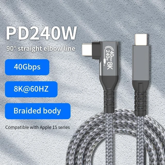 Alt view image 2 of 7 - USB4 Type-C to Type-C Cable 240W Fast Charging USB-C Data Cable 40Gbps Transfer 8K@60Hz Video Thunderbolt 4 Cable with E-Marker Chip Compatible with MacBook/iPad/Samsung S24 Ultra 180 to 90 Angled 3FT