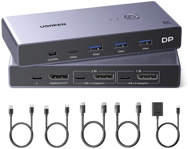 Main image of 8K DisplayPort KVM Switch DP1.4 2 In 1 Out 4 USB 3.0 Ports 3 USB-A + 1 USB-C 2 Computers Share 1 Monitor 8K@60Hz 4K@240Hz Keyboard Mouse Switch with Desktop Controller Driver-Free