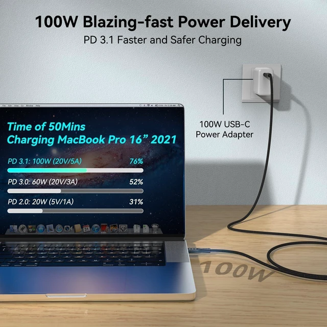 Alt view image 4 of 7 - USB-C to USB-C Cable 20Gbps USB 3.2 Gen 2 4K@60Hz Video 5A/100W PD3.0 Fast Charging with E-Marker Data Cable For iPhone MacBook Samsung Galaxy Dell Monitor and Thunderbolt 3/4 6M