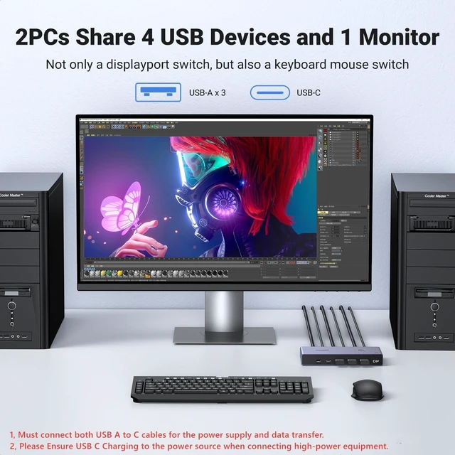 Alt view image 3 of 7 - 8K DisplayPort KVM Switch DP1.4 2 In 1 Out 4 USB 3.0 Ports 3 USB-A + 1 USB-C 2 Computers Share 1 Monitor 8K@60Hz 4K@240Hz Keyboard Mouse Switch with Desktop Controller Driver-Free
