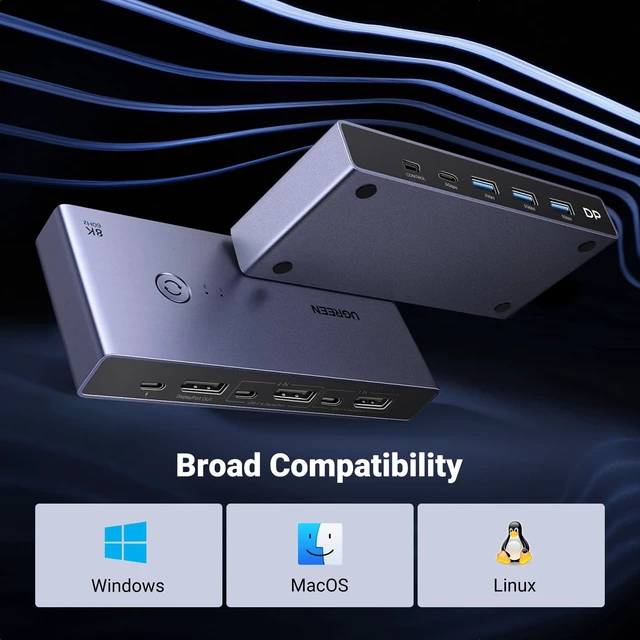 Alt view image 6 of 7 - 8K DisplayPort KVM Switch DP1.4 2 In 1 Out 4 USB 3.0 Ports 3 USB-A + 1 USB-C 2 Computers Share 1 Monitor 8K@60Hz 4K@240Hz Keyboard Mouse Switch with Desktop Controller Driver-Free