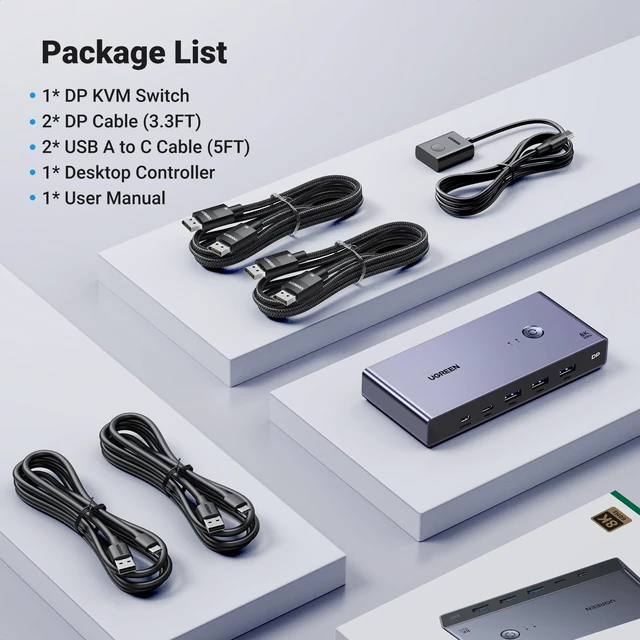 Alt view image 7 of 7 - 8K DisplayPort KVM Switch DP1.4 2 In 1 Out 4 USB 3.0 Ports 3 USB-A + 1 USB-C 2 Computers Share 1 Monitor 8K@60Hz 4K@240Hz Keyboard Mouse Switch with Desktop Controller Driver-Free
