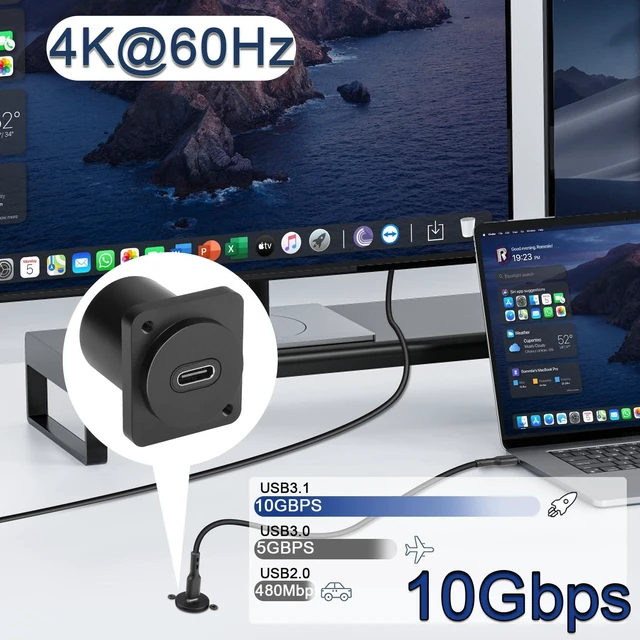 Alt view image 4 of 7 - USB-C Panel Mount Adapter Type-C 3.1 Female to Female Connector 10Gbps Data Transfer 100W Charging 4K@60Hz Video XLR/D-Type Surface or Concealed Mount 19mm by 24mm Aluminum Alloy Housing