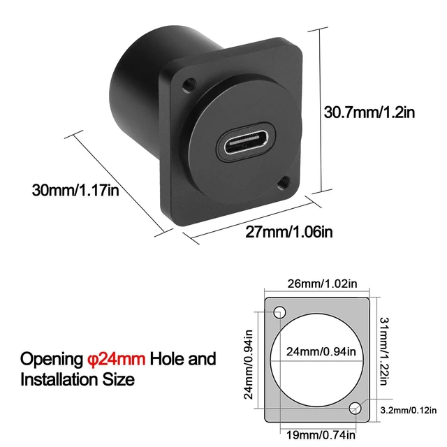 Alt view image 6 of 7 - USB-C Panel Mount Adapter Type-C 3.1 Female to Female Connector 10Gbps Data Transfer 100W Charging 4K@60Hz Video XLR/D-Type Surface or Concealed Mount 19mm by 24mm Aluminum Alloy Housing