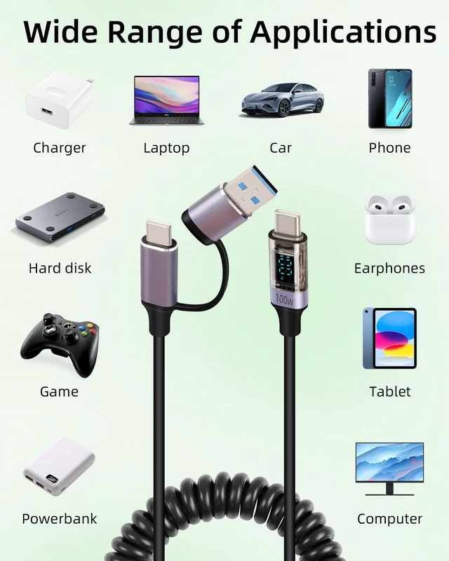 Alt view image 6 of 7 - 100W PD 2 in 1 Coiled USB C Charging Cable USB A to USB C and USB C to USB C Fast Charge Cord with LED Power Display 5A 480Mbps Data Transfer Stretchable PVC Aluminum Alloy Cable