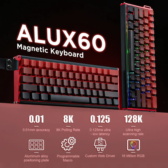 Alt view image 2 of 7 - Alux60 60% Mechanical Gaming Keyboard 61-Key Wired Hall Effect Magnetic Switch Keyboard with Hot-Swappable Switches Rapid Trigger 8K Hz Polling Rate RGB Lighting For Windows Red