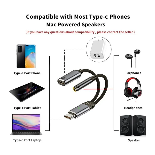 Alt view image 7 of 7 - USB-C Male to 3.5mm Female Audio Adapter with DAC USB-C Headphone Jack and PD Charging Cable 16bit 48kHz PCM 100W Power Delivery Simultaneous Audio and Charging CTIA/OMIP Headset Support