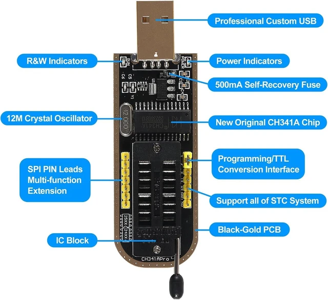 Alt view image 6 of 7 - CH341A USB Programmer EEPROM BIOS Programmer and SPI Flash Memory Writer with SOIC8 Clip 1.8V Adapter and SOIC8 Adapter for 24 25 Series Flash Chips USB In-Circuit EEPROM Programming Tool