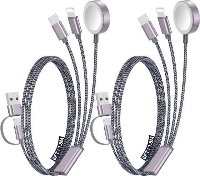 Main image of 3-in-2 Multi Charging Cable Cord USB-A/USB-C Input with USB-C Lightning and Magnetic Watch Charger For iPhone 17-8 Samsung Galaxy S25-21 iPad/AirPods Gray 1.8M 2 Pack