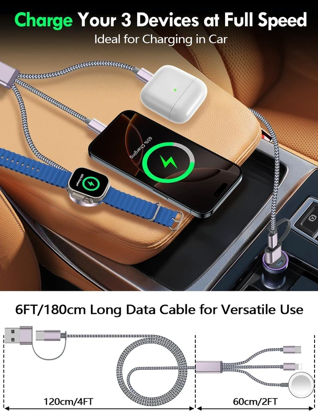 Alt view image 4 of 7 - 3-in-2 Multi Charging Cable Cord USB-A/USB-C Input with USB-C Lightning and Magnetic Watch Charger For iPhone 17-8 Samsung Galaxy S25-21 iPad/AirPods Gray 1.8M 2 Pack