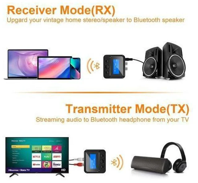 Alt view image 2 of 7 - Bluetooth 5.0 Audio Adapter 2-in-1 Transmitter Receiver with LCD Display RCA and 3.5mm AUX A2DP TF Card Playback up to 32GB Wireless TV Home Stereo Car Audio