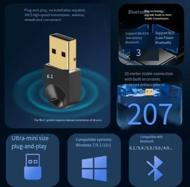 Alt view image 4 of 4 - BT6.1 Bluetooth Adapter Mini USB Bluetooth 6.1 Receiver Transmitter Audio Data Dongle for PC Desktop Laptop Plug-and-Play 3 Mbps 33 ft/10 m Range Compatible with Windows 11/10/8.1/7