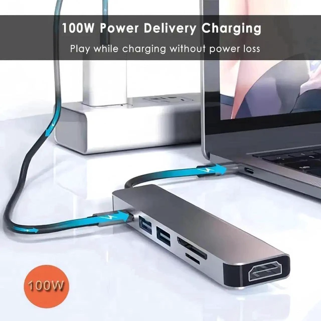 Main image of 6-in-1 USB C Hub Multi-port USB C Adapter with 4K HDMI @ 30Hz SD/TF Card Reader up to 104MB/s 100W PD USB 3.0 5Gbps and USB 2.0 480Mbps Compatible with MacBook and Type C Devices