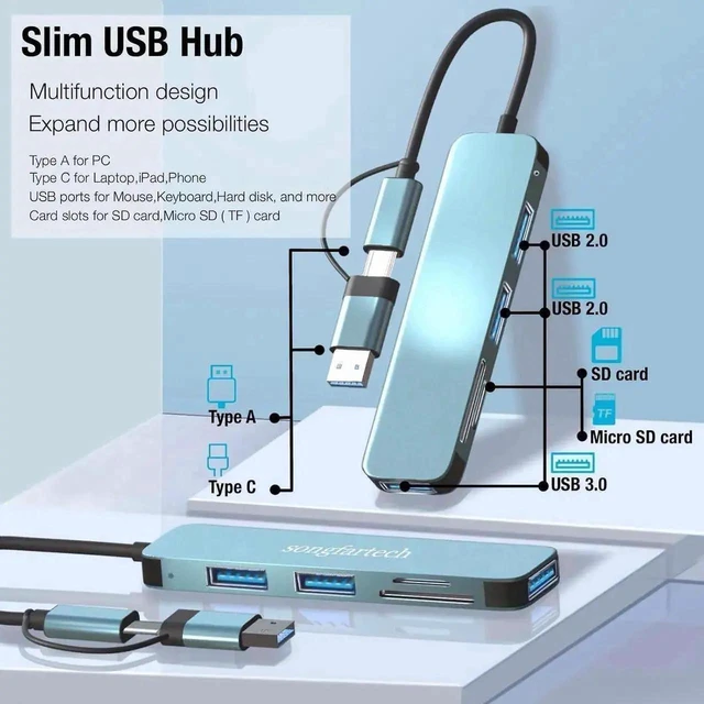 Alt view image 2 of 7 - 5-in-1 USB-C Hub with USB 3.0 Port Dual USB 2.0 Ports SD/TF Card Reader Laptop USB Adapter for MacBook Pro iPhone 15 and iPad Air 5 Gbps Data Transfer