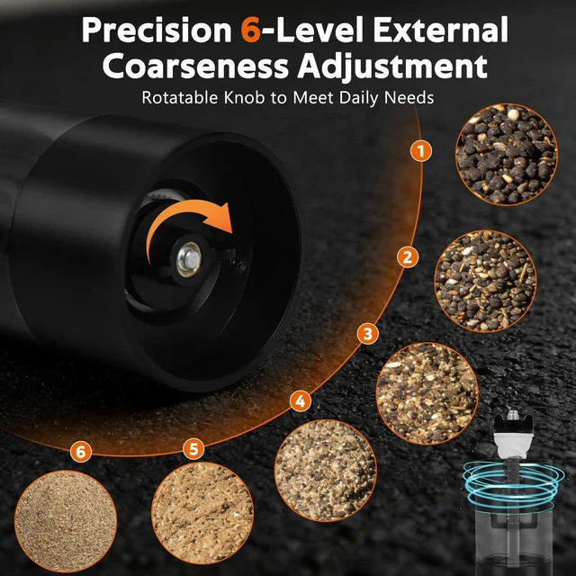 Alt view image 3 of 7 - Electric Salt and Pepper Grinder Set Rechargeable Automatic Pepper Mills with 6-Level Adjustable Coarseness One-Hand Operation 100ml Hopper Battery-Powered Kitchen Shakers Black
