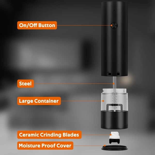 Alt view image 6 of 7 - Electric Salt and Pepper Grinder Set Rechargeable Automatic Pepper Mills with 6-Level Adjustable Coarseness One-Hand Operation 100ml Hopper Battery-Powered Kitchen Shakers Black