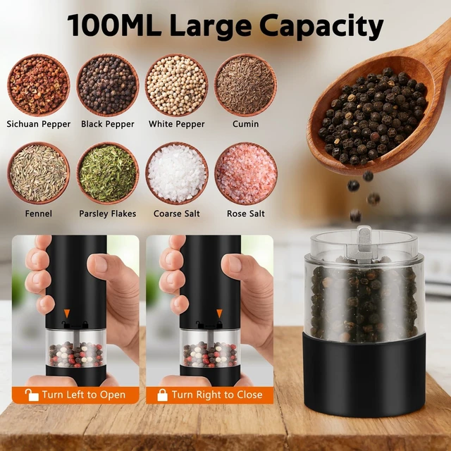 Alt view image 5 of 7 - Electric Salt and Pepper Grinder Set Rechargeable Automatic Pepper Mills with 6-Level Adjustable Coarseness One-Hand Operation 100ml Hopper Battery-Powered Kitchen Shakers Black