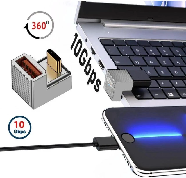 Alt view image 2 of 7 - USB-C Male to USB-A Female Back Angled Adapter USB 3.1 OTG Data Transfer Converter 10Gbps 120W Power Charging Opposite U Shape Alloy Shell Reversible Type C Connector