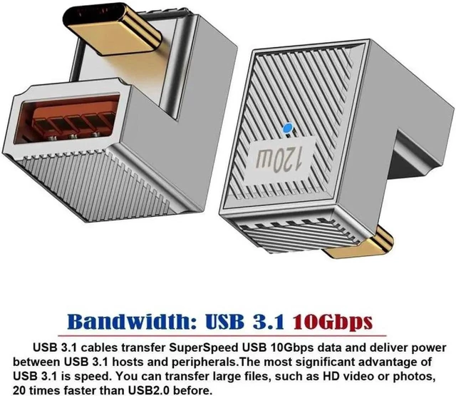 Alt view image 6 of 7 - USB-C Male to USB-A Female Back Angled Adapter USB 3.1 OTG Data Transfer Converter 10Gbps 120W Power Charging Opposite U Shape Alloy Shell Reversible Type C Connector