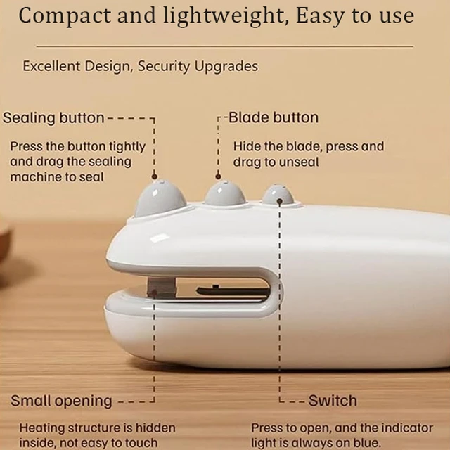 Alt view image 6 of 7 - GodelyFKJ Mini Bag Sealer USB-C Rechargeable Heat Sealer with Hidden Cutter 2-in-1 Chip Bag Sealing Tool Built-In Lithium Battery ABS Food Bag Sealer for Kitchen and Plastic Bag Storage