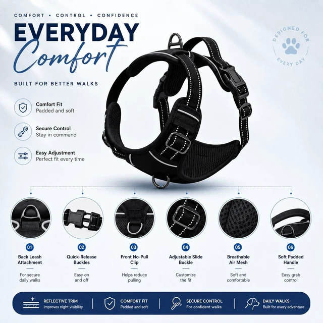 Alt view image 3 of 7 - Heavy Duty 900D Nylon No Pull Dog Harness Tactical Vest Pet Harness with Reflective Bands Front & Back Control Handles Adjustable Padded Fit Chest 14.96-35.03 in Neck 16.53-25.98 in Large Black