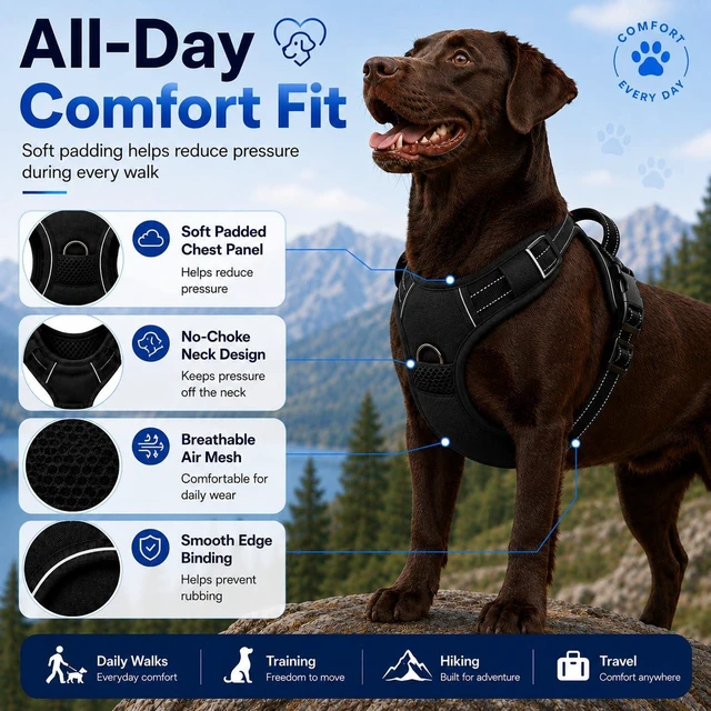 Alt view image 5 of 7 - Heavy Duty 900D Nylon No Pull Dog Harness Tactical Vest Pet Harness with Reflective Bands Front & Back Control Handles Adjustable Padded Fit Chest 14.96-35.03 in Neck 16.53-25.98 in Large Black