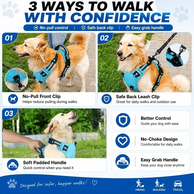 Alt view image 6 of 7 - Heavy Duty 900D Nylon No Pull Dog Harness Tactical Vest Pet Harness with Reflective Bands Front & Back Control Handles Adjustable Padded Fit Chest 14.96-35.03 in Neck 16.53-25.98 in Large Black