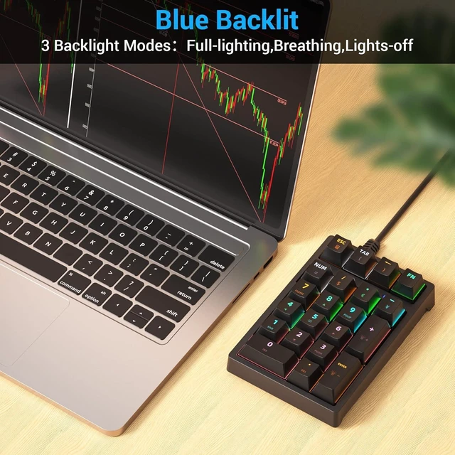 Alt view image 2 of 7 - 21-Key Mechanical Numeric Keypad USB Wired Numpad with RGB LED Backlight Blue Switch 9 Backlight Modes Plug and Play Number Pad for Laptop Desktop PC For Windows/Linux Black