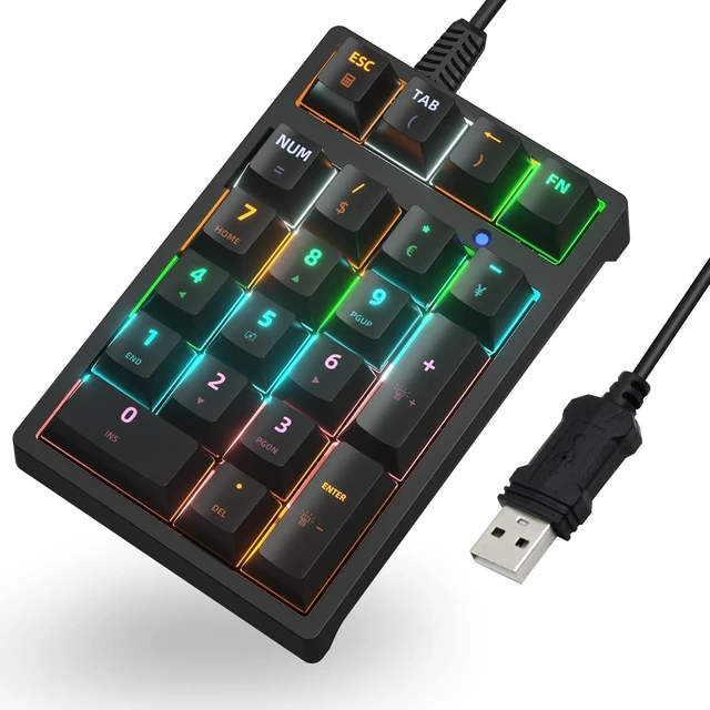 Alt view image 7 of 7 - 21-Key Mechanical Numeric Keypad USB Wired Numpad with RGB LED Backlight Blue Switch 9 Backlight Modes Plug and Play Number Pad for Laptop Desktop PC For Windows/Linux Black