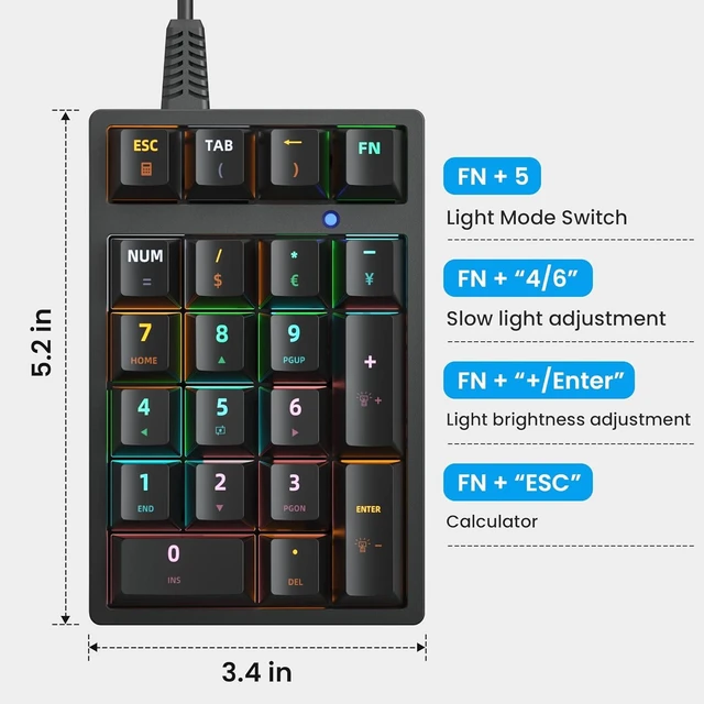 Alt view image 3 of 7 - 21-Key Mechanical Numeric Keypad USB Wired Numpad with RGB LED Backlight Blue Switch 9 Backlight Modes Plug and Play Number Pad for Laptop Desktop PC For Windows/Linux Black
