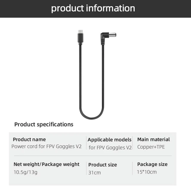 Alt view image 4 of 4 - USB Type C Male to DC Male Power Cable Charging Cord and Supply Cable for FPV Goggles V2 Flight Goggles Power Charging Cable and Cord for FPV Goggles V2