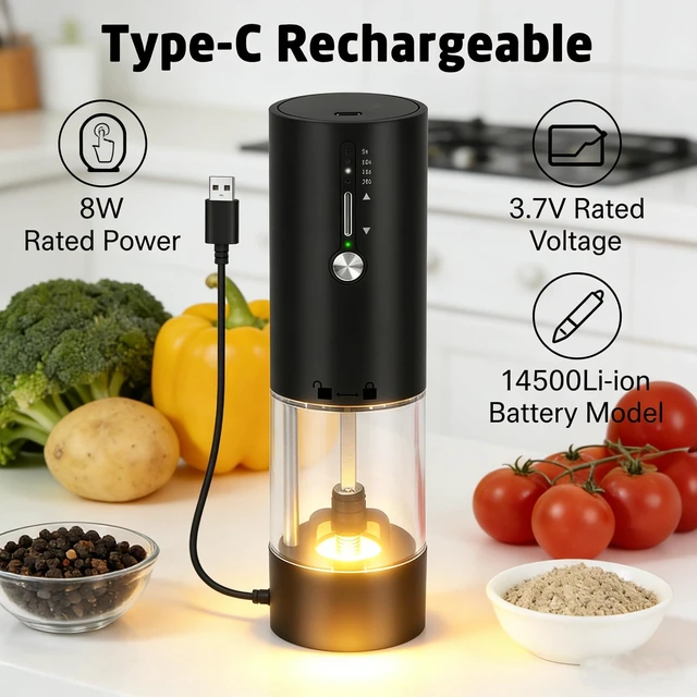 Alt view image 3 of 5 - 118ml Rechargeable Electric Spice Grinder USB-C Pepper Salt Mill with Ceramic Grinding Core 15 Preset Settings Stepless Coarseness Control LED Light One-Touch Operation for Cooking and Baking