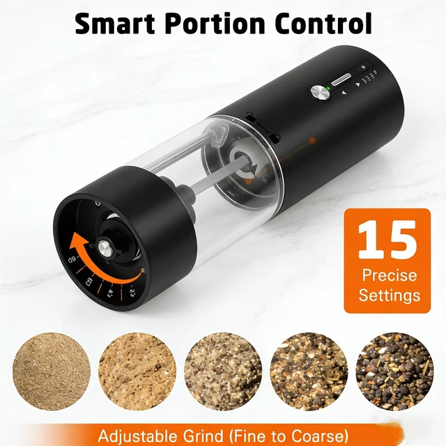 Alt view image 4 of 5 - 118ml Rechargeable Electric Spice Grinder USB-C Pepper Salt Mill with Ceramic Grinding Core 15 Preset Settings Stepless Coarseness Control LED Light One-Touch Operation for Cooking and Baking