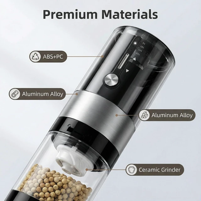 Alt view image 5 of 5 - 118ml Rechargeable Electric Spice Grinder USB-C Pepper Salt Mill with Ceramic Grinding Core 15 Preset Settings Stepless Coarseness Control LED Light One-Touch Operation for Cooking and Baking