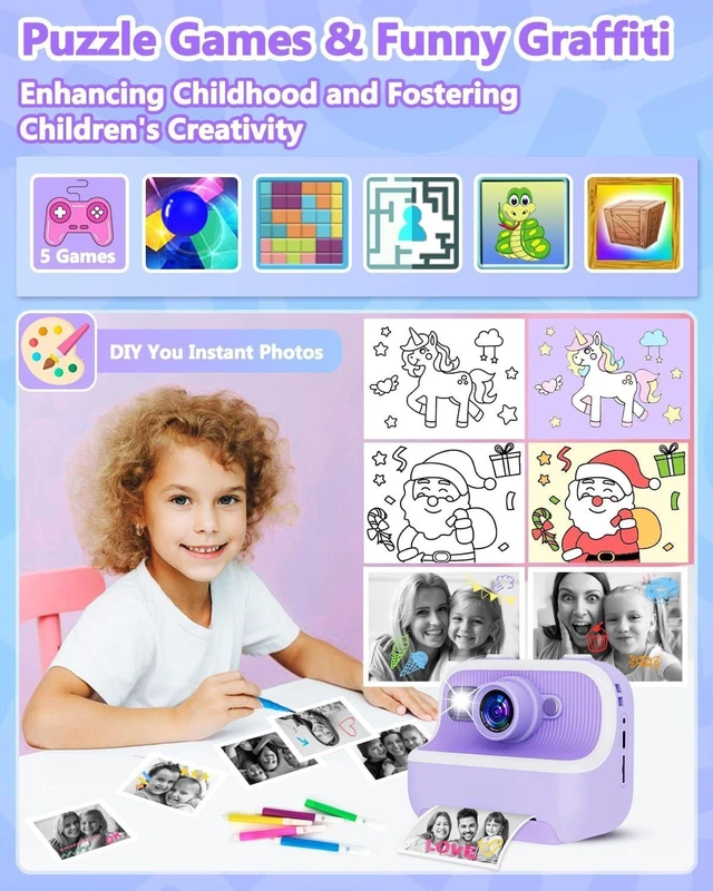 Alt view image 5 of 7 - Kids Instant Print Digital Camera - 1080P HD Dual Lens, Zero Ink Thermal Printing, 32GB SD Card Included, Portable Toy Camera, Purple