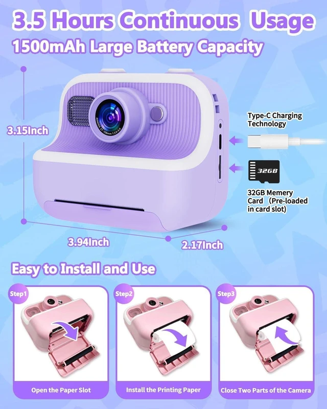 Alt view image 7 of 7 - Kids Instant Print Digital Camera - 1080P HD Dual Lens, Zero Ink Thermal Printing, 32GB SD Card Included, Portable Toy Camera, Purple