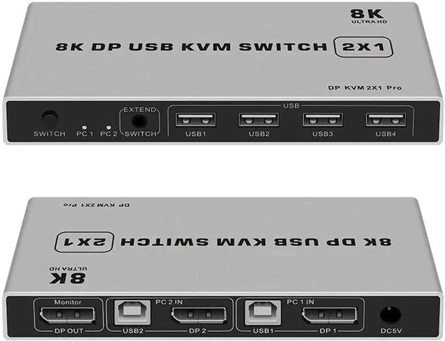 Main image of 2 Port DisplayPort 1.4 KVM Switch USB DP KVM Switcher 8K@60Hz 4K@144Hz for 2 PCs Share One Monitor Keyboard & Mouse One Button Switching Plug-and-Play No Extra Drivers High Bandwidth DP Signal