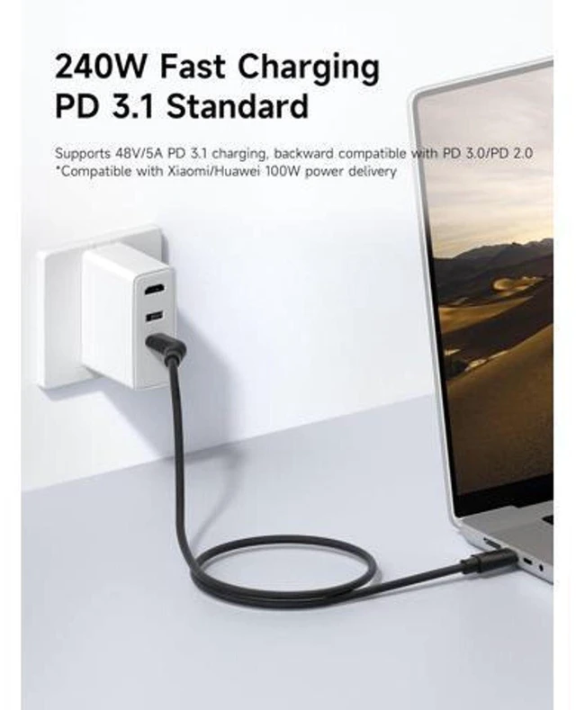 Alt view image 2 of 7 - USB-C 10Gbps 4K60Hz 240W Charging Data Cable Ultra-Slim Flexible Power Supply Cable with Wedge Joint and E-Marker PD 3.1 Fast Charging Cable for AR Smart Glasses 4.9ft