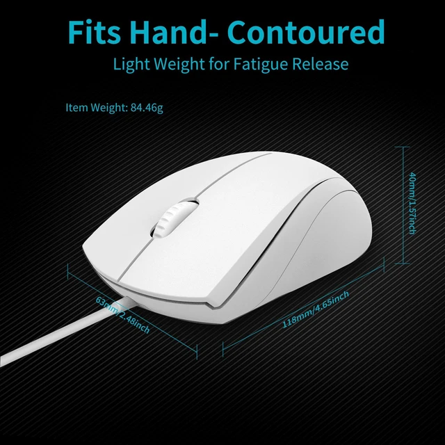 Alt view image 7 of 7 - N1600 1000 DPI Optical Wired Mouse Silent Click USB-A Computer Mouse Ambidextrous Left and Right Hand Corded Mouse Compatible with USB Port Computers Matte White 5ft Cord