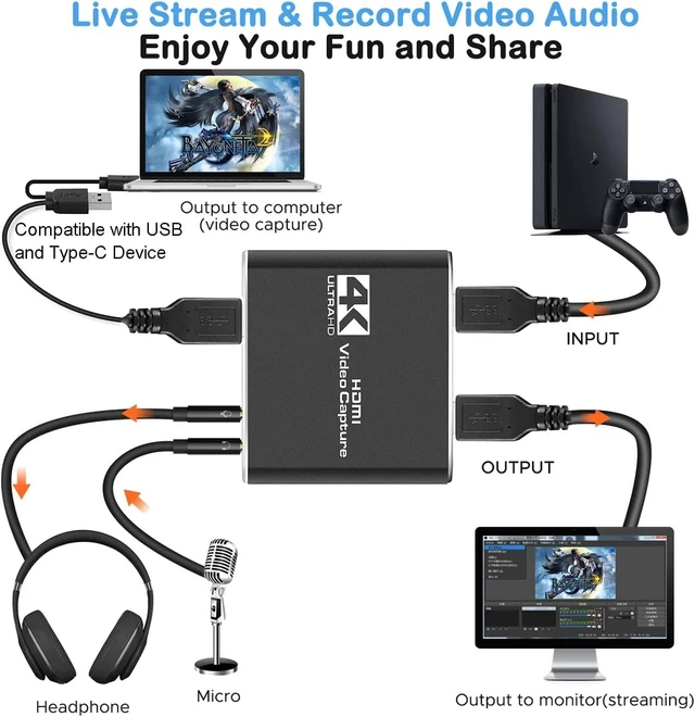 Alt view image 3 of 6 - HDMI Video Capture Card 1080P 60FPS USB 2.0 Audio Capture Device with 4K@60FPS Input and 4K@30FPS Loop-Out 3.5mm Mic Input and Audio Output for Live Streaming Gaming Broadcast and Video Recording