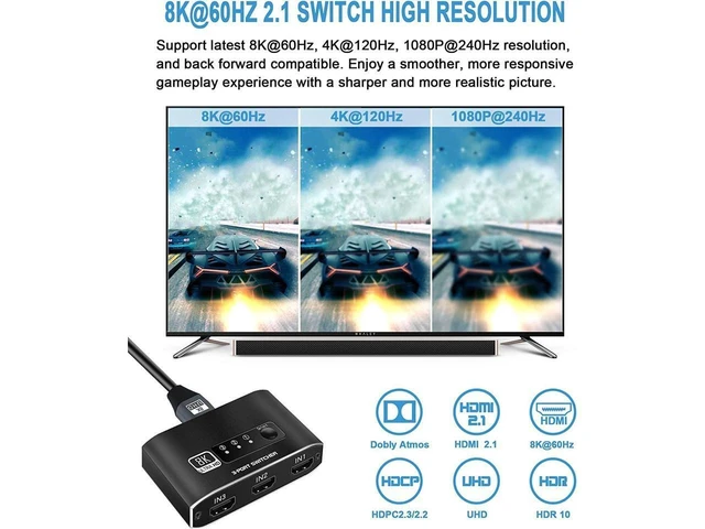 Alt view image 3 of 7 - HDMI 2.1 Switch 3 in 1 Out 8K@60Hz HDMI Switcher Selector 4K@120Hz Ultra HD Video Switch Box with Button Control LED Indicators Dynamic HDR ARC and VRR for Game Consoles and Displays