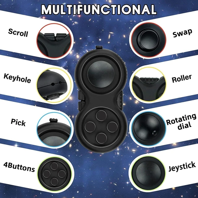Alt view image 4 of 7 - Rubberized Fidget Toy Game Classical Controller Concentration Toy with 8 Fidget Functions Clickable Keys Gear Roller Spinnable Dial Spring-Loaded Slide and Lanyard for Stress Relief and Anxiety